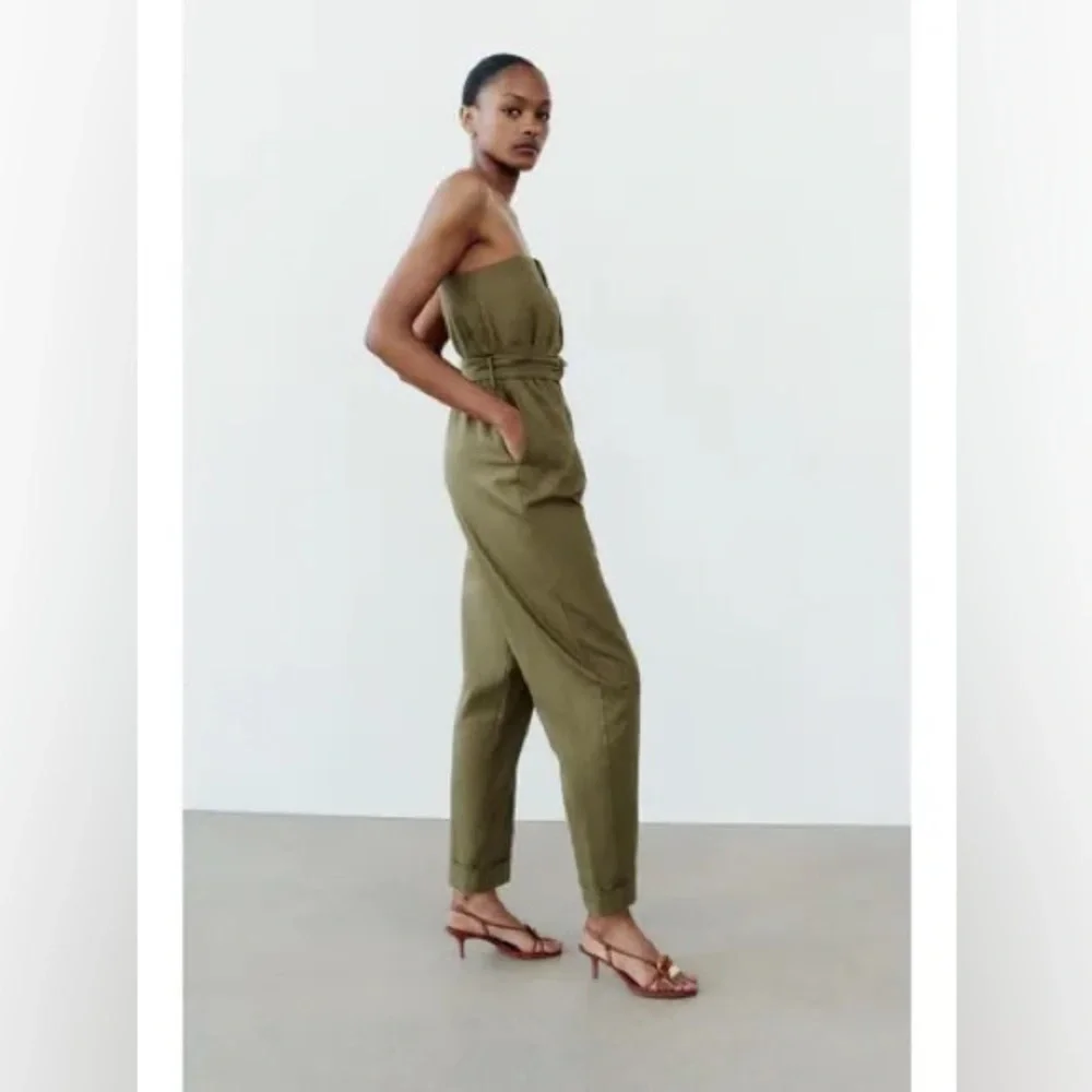 ZARA STRAPLESS BELTED LINEN JUMPSUIT